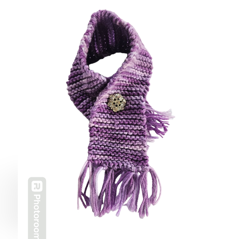 NWOT Hand Knit Purple Dog Scarf With Rhinestone Brooch